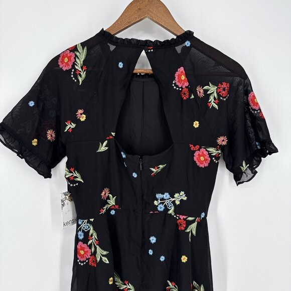 New Kensie Womens Size 2 Black Floral Embroidered Chiffon Back Cutout Dress - Picture 9 of 14